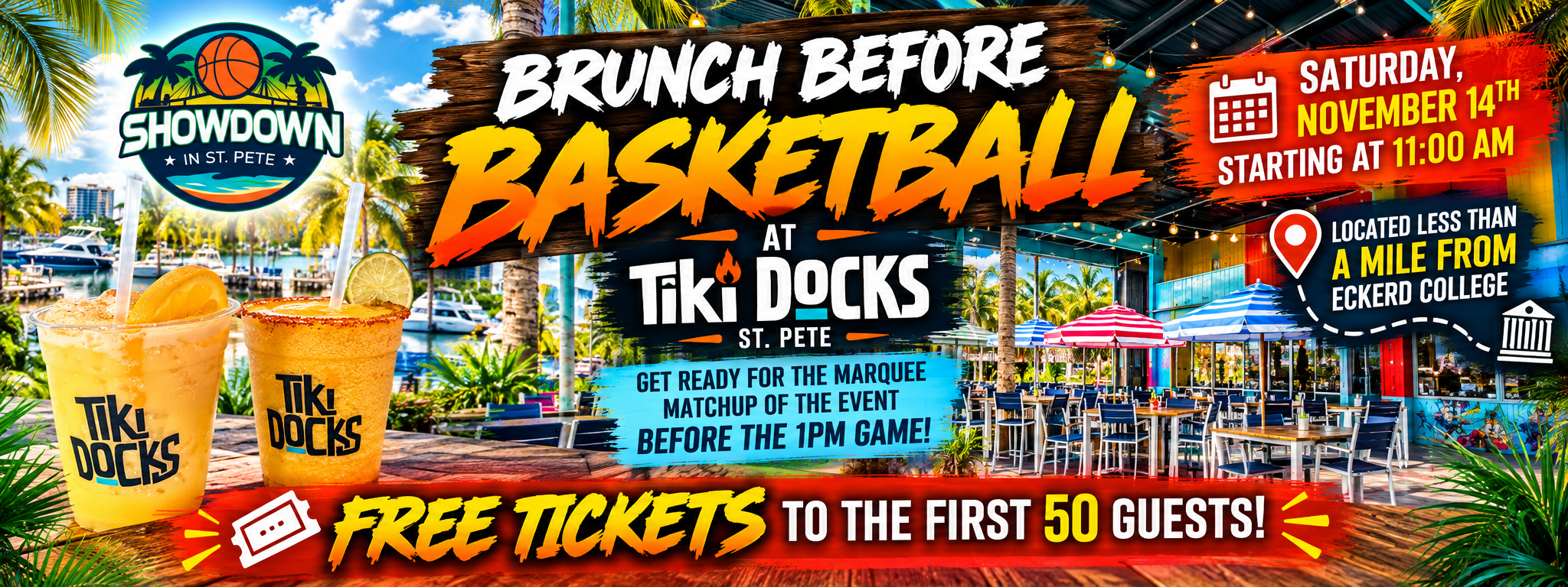Brunch Before Basketball at Tiki Docks St. Pete — Saturday November 14th, starting at 11:00 AM. Free tickets to the first 50 guests!